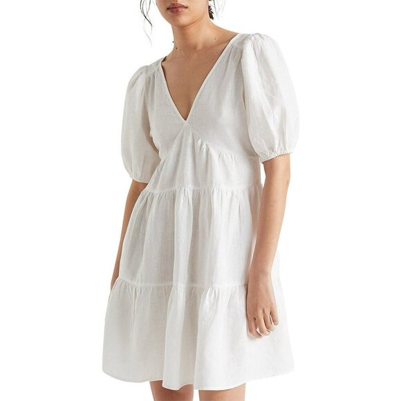 Seed Heritage Dress Womens 10 White Linen Tiered V-neck Tie Back Mini Boho - Picture 1 of 10